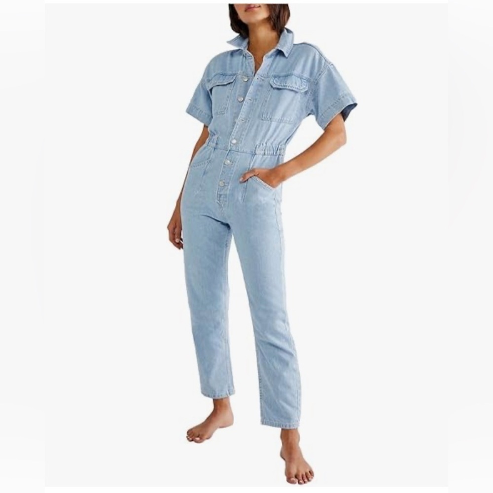 NWOT Free People Merci Light Blue Denim Jumpsuit